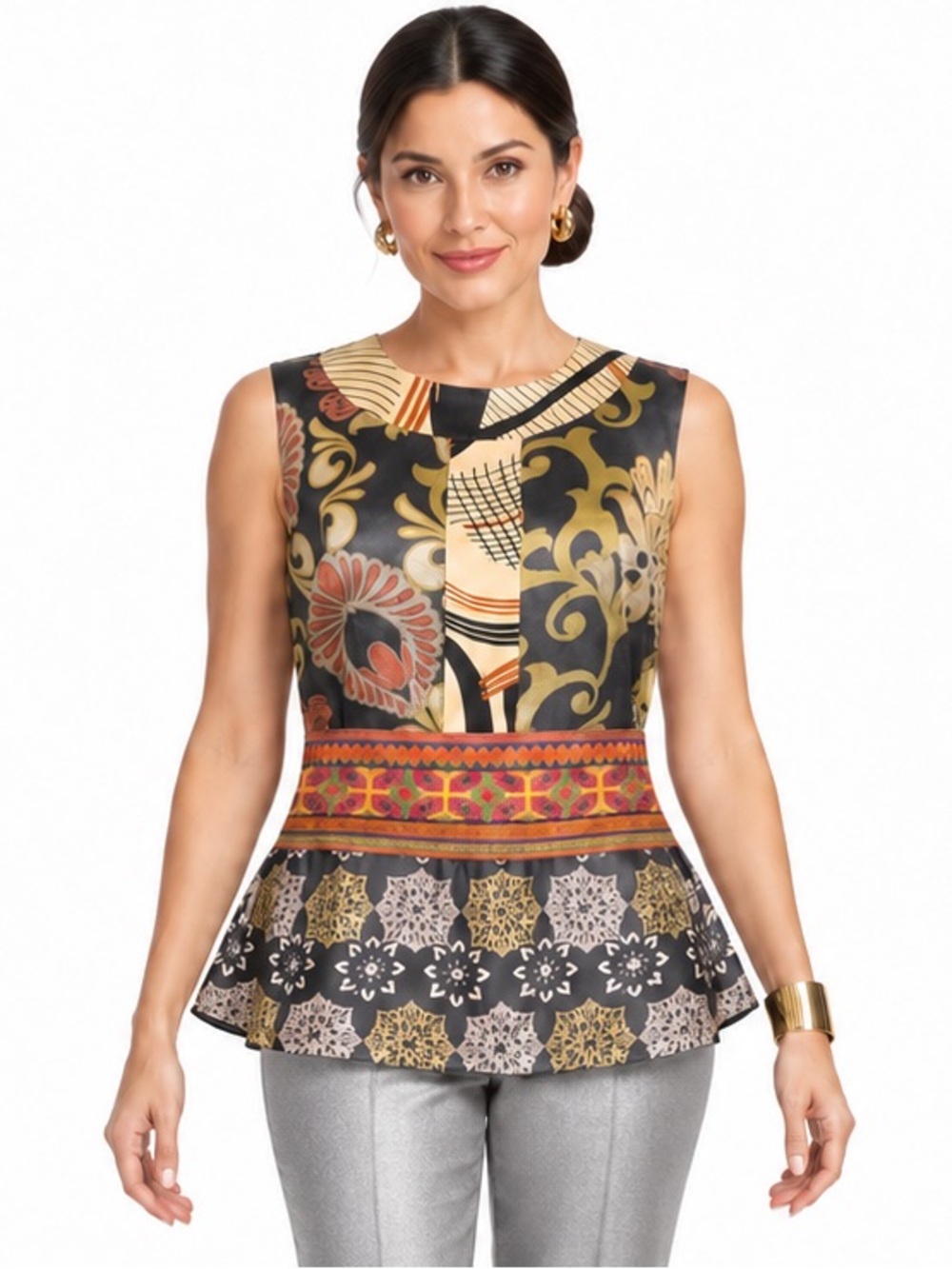 EUC Whitley SZ L gray/rust/geen/multicolored silk sleeveless blouse/bust 40”